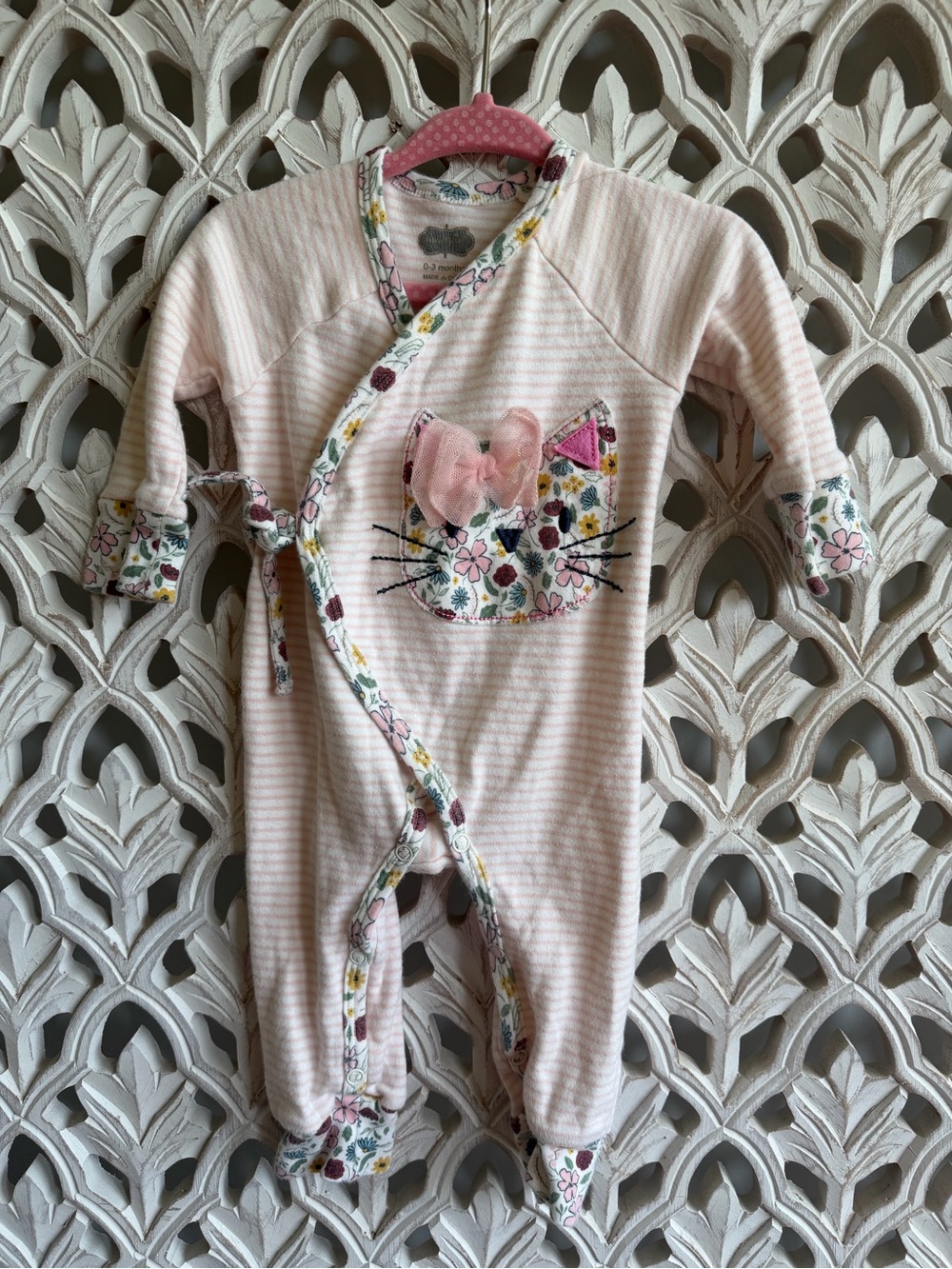 Mud Pie Pink Striped Floral Cat Wrap Footie, 0-3M - Picture 2 of 6